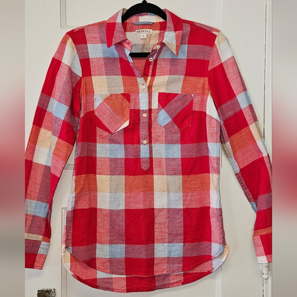 Merona Red Plaid Shirt Casual Chic Size S